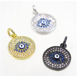 copper Evil eye pendant paved zircon, mix color, approx 13mm dia