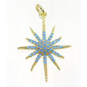 copper NorthStar pendant paved zircon, gold plated, turq, approx 18x25mm