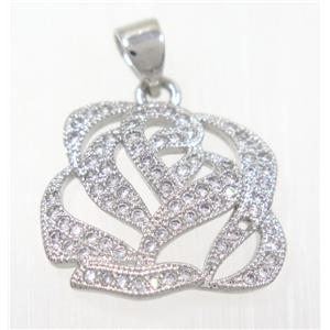 copper flower pendant paved zircon, platinum plated, approx 16x18mm