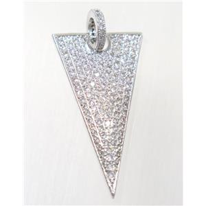 copper Triangle pendant paved zircon, platinum plated, approx 18x35mm