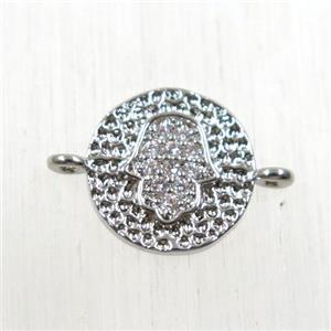 copper circle connector paved zircon with hamsahand, platinum plated, approx 9mm dia