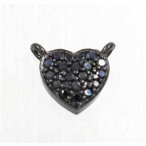 copper heart pendant pave zircon with 2loops, black plated, approx 8mm