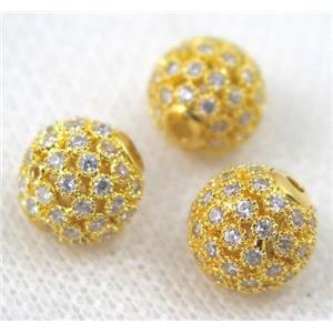 copper bead paved zircon, round, gold plated, approx 12mm dia