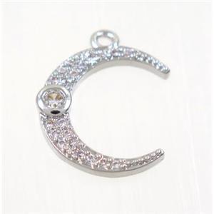 copper crescent moon pendant pave zircon, platinum plated, approx 14mm dia