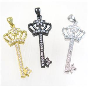 copper crown key pendant pave zircon, mix color, approx 15x35mm