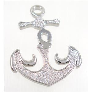 copper anchor pendant pave zircon, platinum plated, approx 30-33mm