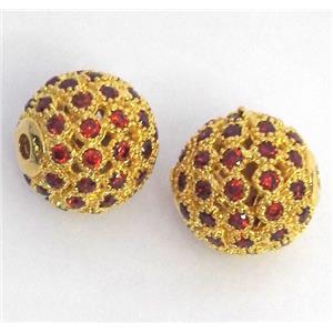 copper bead paved zircon, round, gold plated, approx 10mm dia