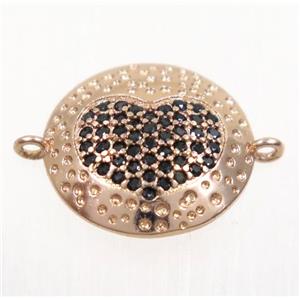 copper button heart connector paved zircon, rose gold, approx 14mm dia