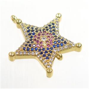 copper Star connector paved zircon, gold plated, approx 20mm dia