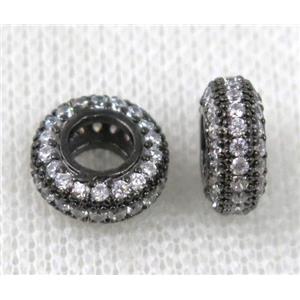 Copper bead paved zircon, rondelle, black plated, approx 12mm dia