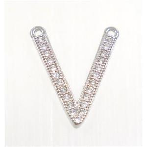 copper V pendant paved zircon with 2loops, platinum plated, approx 12x15mm