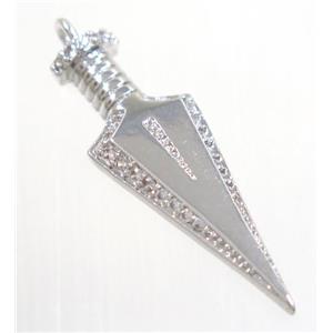 copper Arrowhead pendant paved zircon, platinum plated, approx 10x30mm