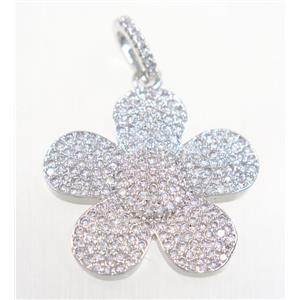 copper Flower pendant paved zircon, platinum plated, approx 24mm dia