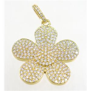 copper Flower pendant paved zircon, gold plated, approx 24mm dia