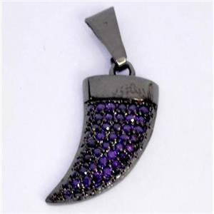 Copper pendant paved zircon, cattle horn, black plated, approx 8x20mm