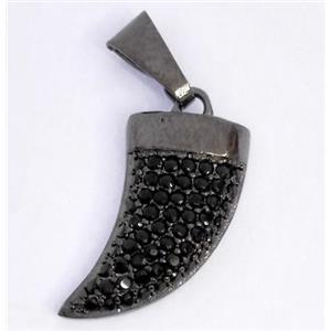 Copper pendant paved zircon, cattle horn, black plated, approx 8x20mm