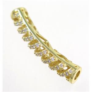 curving copper tube beads paved zircon, gold plated, approx 5.5x30mm