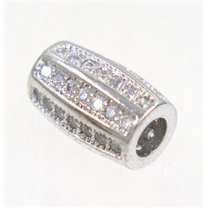 copper tube bead paved zircon, platinum plated, approx 6x10mm