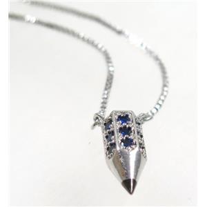 copper bullet necklace pave zircon, platinum plated, approx 7x17mm, 44cm length