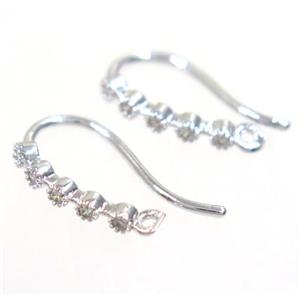 copper earring hook paved zircon, platinum plated, approx 8-16mm