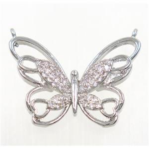 copper butterfly pendant paved zircon with 2loops, platinum plated, approx 18-26mm