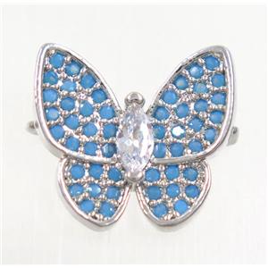 copper butterfly connector paved zircon, turq, platinum plated, approx 13-14mm