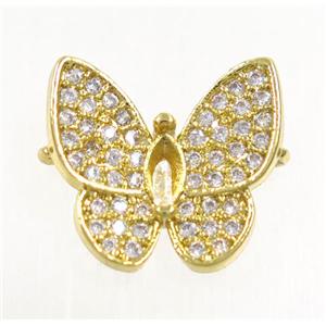 copper butterfly connector paved zircon, gold plated, approx 13-14mm