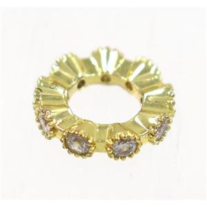 copper rondelle bead paved zircon, gold plated, approx 11mm dia, 5mm hole