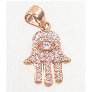 copper hamsahand pendant paved zircon, rose gold, approx 11x14mm