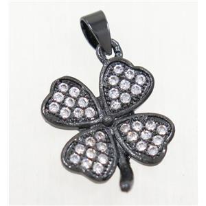 copper pendant paved zircon, four-leaf Clover, black plated, approx 14mm dia