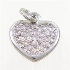 copper heart pendant paved zircon, platinum plated, approx 11-13mm