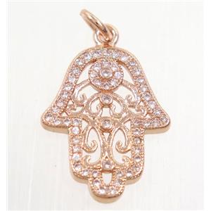 copper hamsahand pendant paved zircon, rose gold, approx 15x20mm