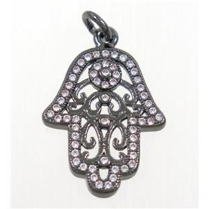 copper hamsahand pendant paved zircon, black plated, approx 15x20mm