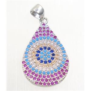 copper teardrop pendant paved zircon, platinum plated, approx 15x23mm