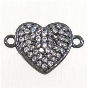 copper heart connector paved zircon, black plated, approx 10mm dia