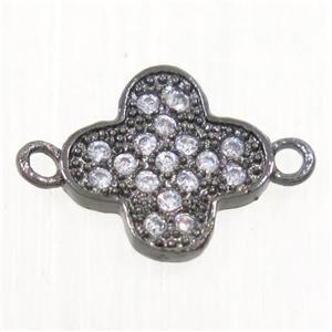 copper connector paved zircon, four-leaf clover, black plated, approx 8.5mm