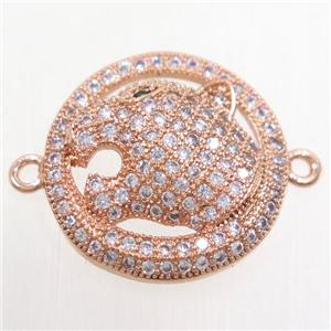 copper leopardHead connector paved zircon, rose gold, approx 19mm dia