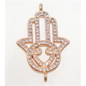 copper hamsahand connector paved zircon, rose gold, approx 18x23mm