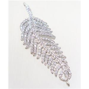 copper feather connector paved zircon, platinum plated, approx 14-38mm