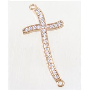 copper cross connector paved zircon, rose gold, approx 16x31mm