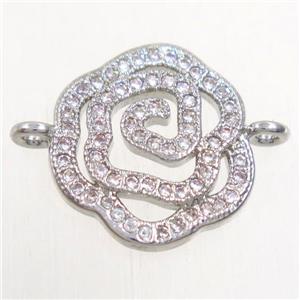 copper connector paved zircon, roseflower, platinum plated, approx 15mm dia