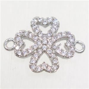 copper four-leaf clover connector paved zircon, platinum plated, approx 12.5mm dia