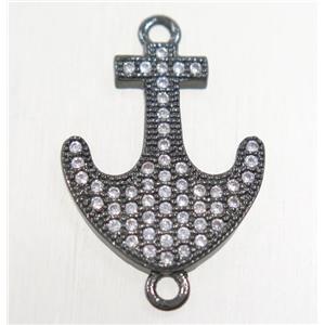 copper anchor connector paved zircon, black plated, approx 15x18mm