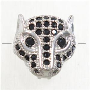 copper foxHead beads paved zircon, platinum plated, approx 11mm