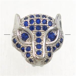 copper foxHead beads paved blue zircon, platinum plated, approx 11mm