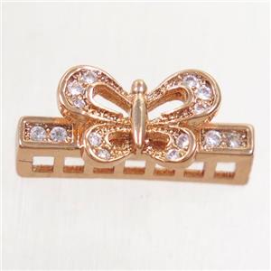 copper stick beads paved zircon with butterfly, rose gold, approx 7-16mm