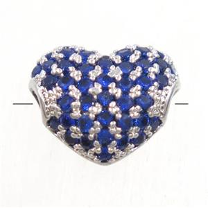 European style copper heart beads paved blue zircon, platinum plated, approx 9x10.5mm