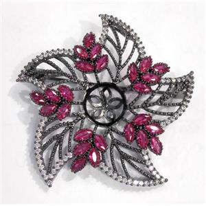 copper flower brooch paved zircon, black, approx 40mm dia