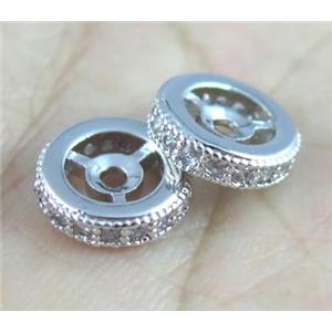 copper spacer beads paved zircon, heishi, platinum plated, approx 6mm dia