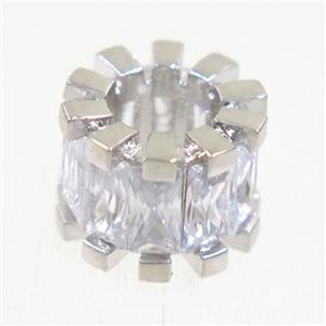 European style copper beads paved zircon, tube, platinum plated, approx 7-11mm, 5mm hole